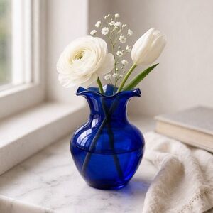 Cobalt Blue ruffle Glass bud Vase
